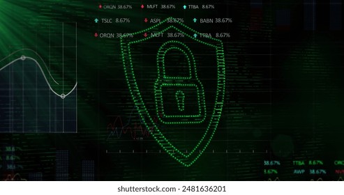 Image of statistical, stock market data processing, security padlock icon and green light spot. Cyber security and business technology concept