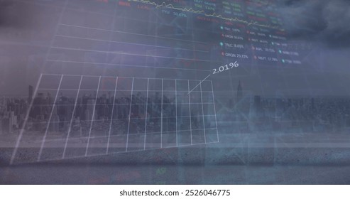 Image of statistical and stock market data processing against aerial view of cityscape. Global economy and business data technology concept