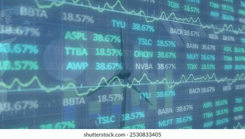 Image of statistical and stock market data processing over spinning windmill against blue sky. Global economy and renewable energy technology concept