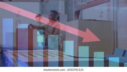 Image of statistics, arrow and data processing over conveyor belt with boxes in warehouse. Global shipping, business, finance, computing and data processing concept digitally generated image. - Powered by Shutterstock