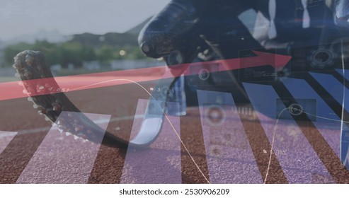 Image of statistics with arrow over disabled male athlete with running blades on racing track. global sports, competition, disability and digital interface concept digitally generated image.