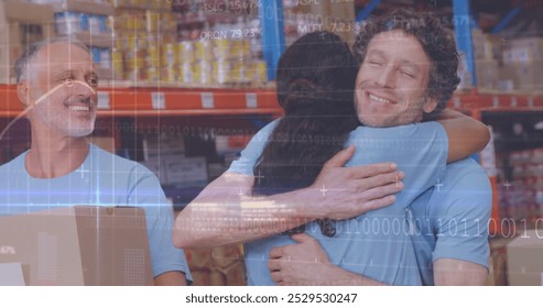 Image of statistics and binary coding data processing over diverse volunteers in warehouse. global shipping, business and data processing concept digitally generated image. - Powered by Shutterstock