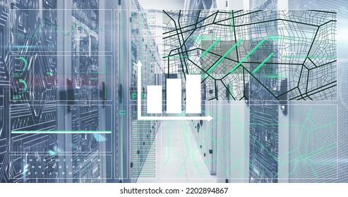 Image of statistics, connections and data processing over computer servers. Global computing, science and data processing concept digitally generated image.