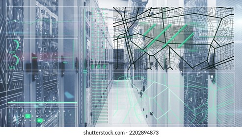 Image of statistics, connections and data processing over computer servers. Global computing, science and data processing concept digitally generated image.