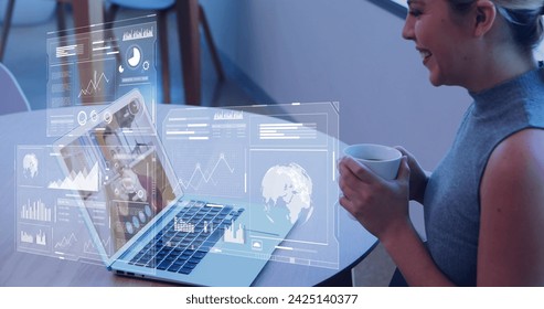 Image of statistics and data over caucasian businesswoman using laptop in office. Global business, communication, digital interface, finance and data processing concept digitally generated image. - Powered by Shutterstock - Get 15% off with code: PIKWIZARD15