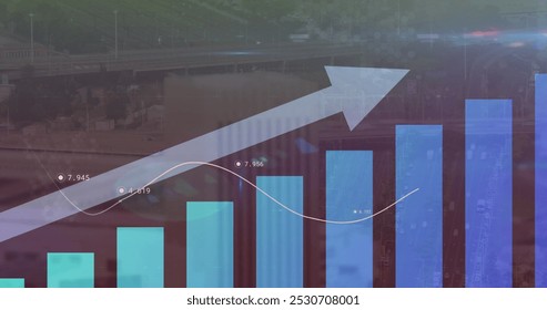 Image of statistics and data processing with arrow over cityscape. Digital interface, business and data processing concept digitally generated image. - Powered by Shutterstock