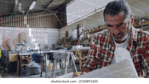 Image of statistics and data processing on grey background. Global business finance and connections concept digitally generated image.