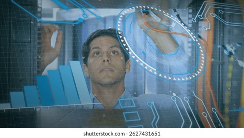 Image of statistics and data processing on grey background. Global business finance and connections concept digitally generated image.