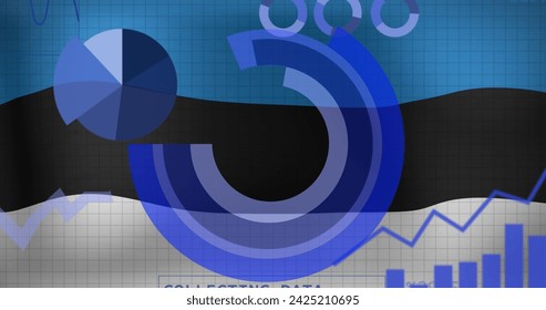 Image of statistics and data processing over waving flag of estonia. Business, communication, digital interface, finance and data processing concept digitally generated image.