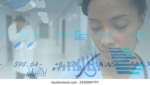 Image of statistics and data processing over female doctor. medicine, research and data processing concept digitally generated image.
