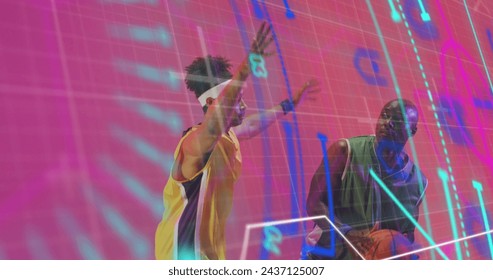 Image of statistics and data processing over diverse basketball players. Sports, competition, data processing and communication concept digitally generated image. - Powered by Shutterstock