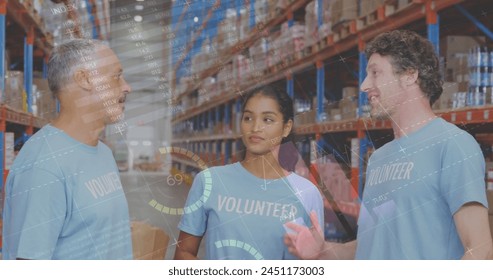 Image of statistics and data processing over smiling volunteers working in warehouse. global data processing, shipping, delivery and connections concept digitally generated image. - Powered by Shutterstock