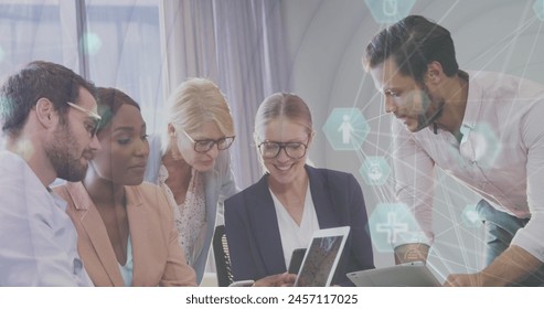 Image of statistics and data processing over business people using meeting. Global business digital interface technology and networking concept digitally generated image.
