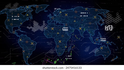 Image of statistics and data processing over world map, copy space. Global business, finances, computing and data processing concept digitally generated image