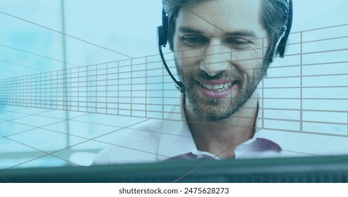 Image of statistics and data processing over diverse business people using phone headsets. global business, connections and data processing concept digitally generated image.