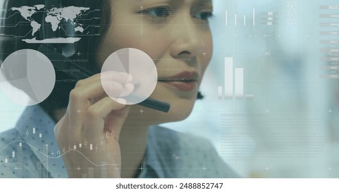 Image of statistics and data processing over man using smartphone. Global business data processing digital interface technology and networking concept digitally generated image. - Powered by Shutterstock