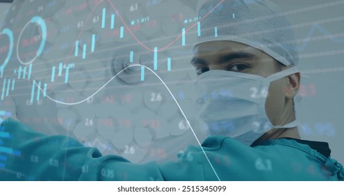 Image of statistics and data processing over caucasian male surgeon. Global medicine, connections, computing and data processing concept digitally generated image. - Powered by Shutterstock - Get 15% off with code: PIKWIZARD15