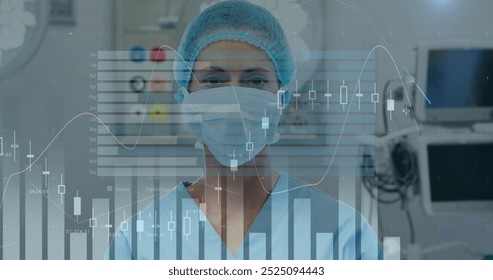 Image of statistics and data processing over caucasian female surgeon. Global medicine, connections, computing and data processing concept digitally generated image. - Powered by Shutterstock