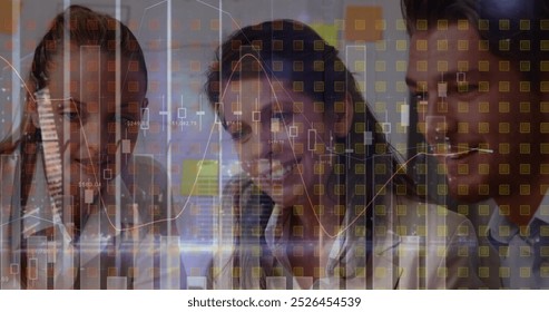 Image of statistics and data processing over diverse business people. global business, connections and data processing concept digitally generated image.