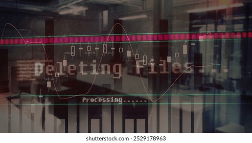 Image of statistics and data processing over office. global connections, digital interface and data processing concept digitally generated image.