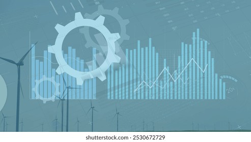 Image of statistics and data processing over wind turbines. Global business digital interface technology and networking concept digitally generated image. - Powered by Shutterstock