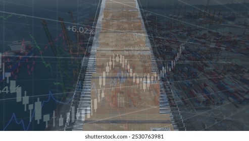 Image of statistics data processing over cardboard boxes on conveyor belt and shipping port. Global shipping and delivery concept digitally generated image. - Powered by Shutterstock