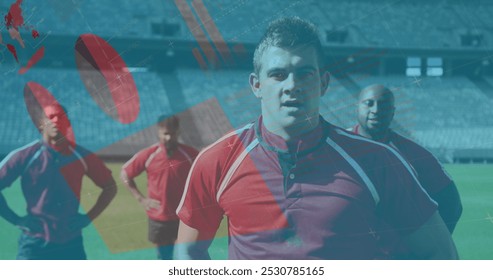 Image of statistics and data processing over diverse rugby players. Global sports, data processing and connections concept digitally generated image. - Powered by Shutterstock