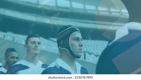 Image of statistics and data processing over diverse rugby players. Global sports, data processing and competition concept digitally generated image. - Powered by Shutterstock