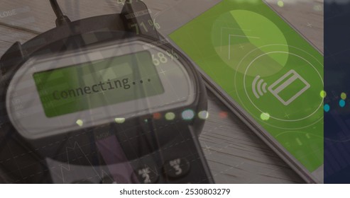 Image of statistics and data processing over man working in warehouse. Architecture engineering and data processing concept digitally generated image.