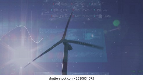 Image of statistics and data processing over wind turbine and engineer on blue background. Global environment green energy business connections digital interface and technology concept digitally - Powered by Shutterstock