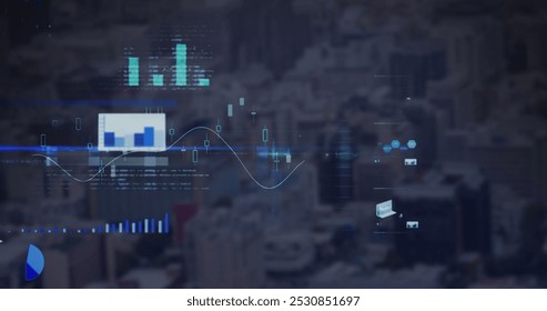 Image of statistics and data processing over cityscape. global data processing, digital interface and technology concept digitally generated image.