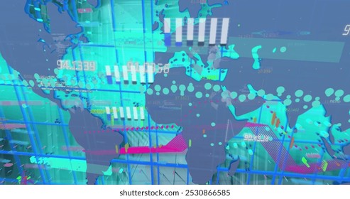 Image of statistics and data processing over world map and grid background. Global data processing, digital interface and connections concept digitally generated image.