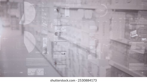 Image of statistics and data processing over shelves in shop. global shopping, business, digital interface, technology and networking concept digitally generated image. - Powered by Shutterstock