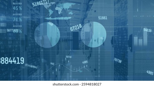 Image of statistics and data processing over computer servers. Global connections, computing and data processing concept digitally generated image.