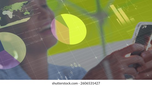 Image of statistics and data processing over woman using smartphone. global business, data processing and technology concept digitally generated image.