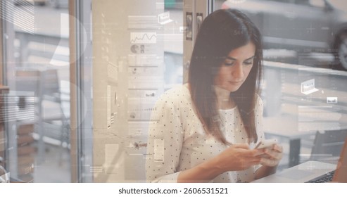 Image of statistics and data processing over businesswoman using smartphone. global business, data processing and technology concept digitally generated image.