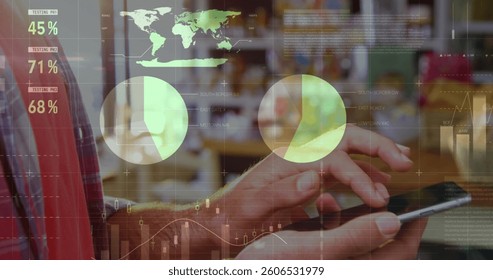 Image of statistics and data processing over woman using smartphone. global business, data processing and technology concept digitally generated image.
