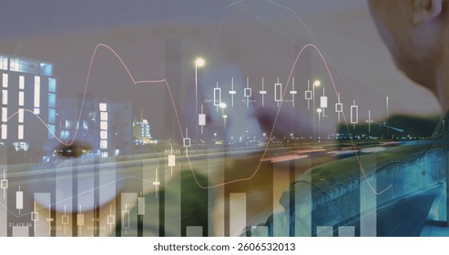 Image of statistics and data processing over cityscape and businessman using smartphone. global business, data processing and technology concept digitally generated image.