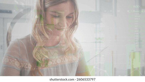 Image of statistics and data processing over businesswoman using smartphone. global business, data processing and technology concept digitally generated image.
