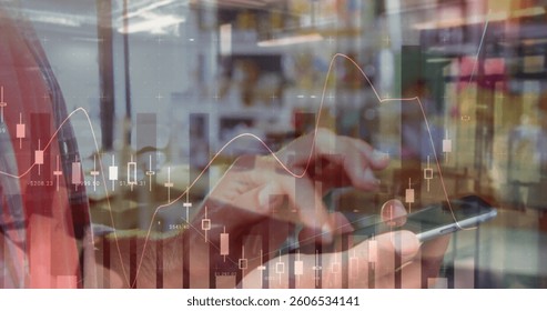 Image of statistics and data processing over man using smartphone. global business, data processing and technology concept digitally generated image.