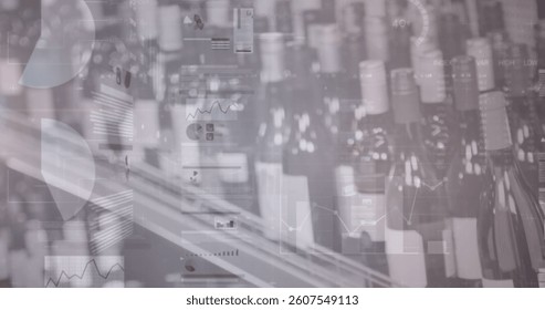 Image of statistics and data processing over shelves in shop. global shopping, business, digital interface, technology and networking concept digitally generated image.