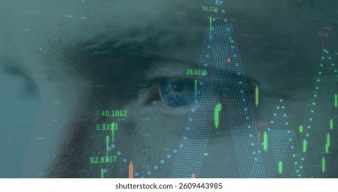 Image of statistics and data processing over man's eye in background. global connections, technology and digital interfaces concept digitally generated image.