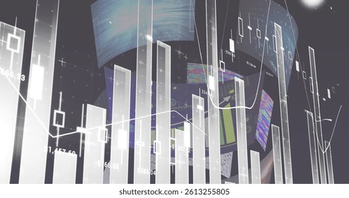 Image of statistics and data processing over screens. global connections, digital interface and data processing concept digitally generated image.