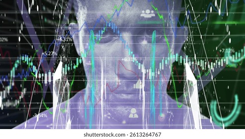 Image of statistics and data processing over man's face. global technology, data processing and digital interface concept digitally generated image.