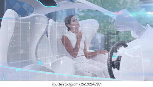 Image of statistics and data processing over woman in self drive car. global technology, data processing and digital interface concept digitally generated image.