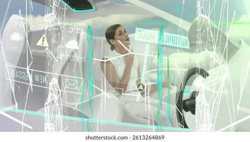 Image of statistics and data processing over woman in self drive car. global technology, data processing and digital interface concept digitally generated image.
