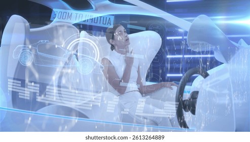 Image of statistics and data processing over woman in self drive car. global technology, data processing and digital interface concept digitally generated image.