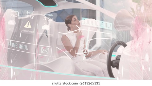 Image of statistics and data processing over woman in self drive car. global technology, data processing and digital interface concept digitally generated image.
