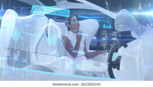 Image of statistics and data processing over woman in self drive car. global technology, data processing and digital interface concept digitally generated image.