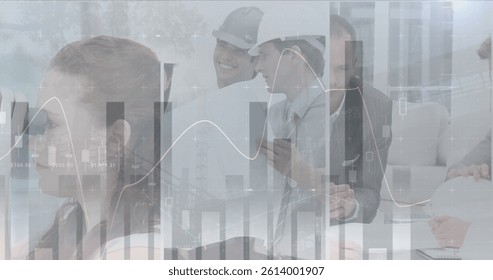 Image of statistics and data processing over architects with plans in meeting. global architecture, business, data processing and digital interface concept digitally generated image.